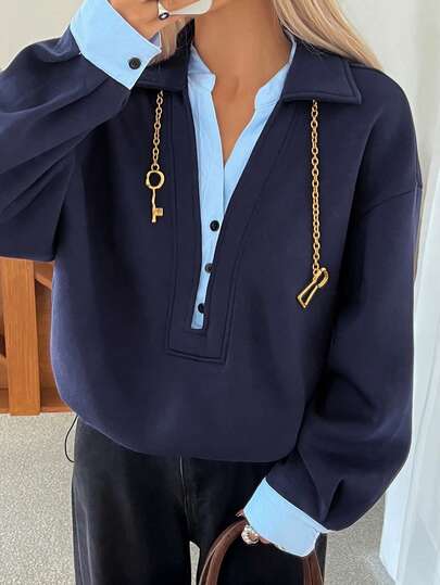 Livesso Women's Casual Sweatshirt With Faux Shirt Collar, Color Block Design, Loose Fit, Suitable For Office, Commuting, Streetwear, Autumn/Winter