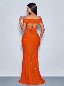 SOLERSUN 适合圣诞派对度假和约会优雅的勃艮第酒红色优雅扭曲露肩露背肩带高开叉美人鱼连衣裙，带有金属光泽的长款女装 - 橘色 - 查看 3