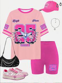 SHEIN 2 件女童休闲短袖上衣和短裤套装，适合夏季 - 彩色 - 查看 2