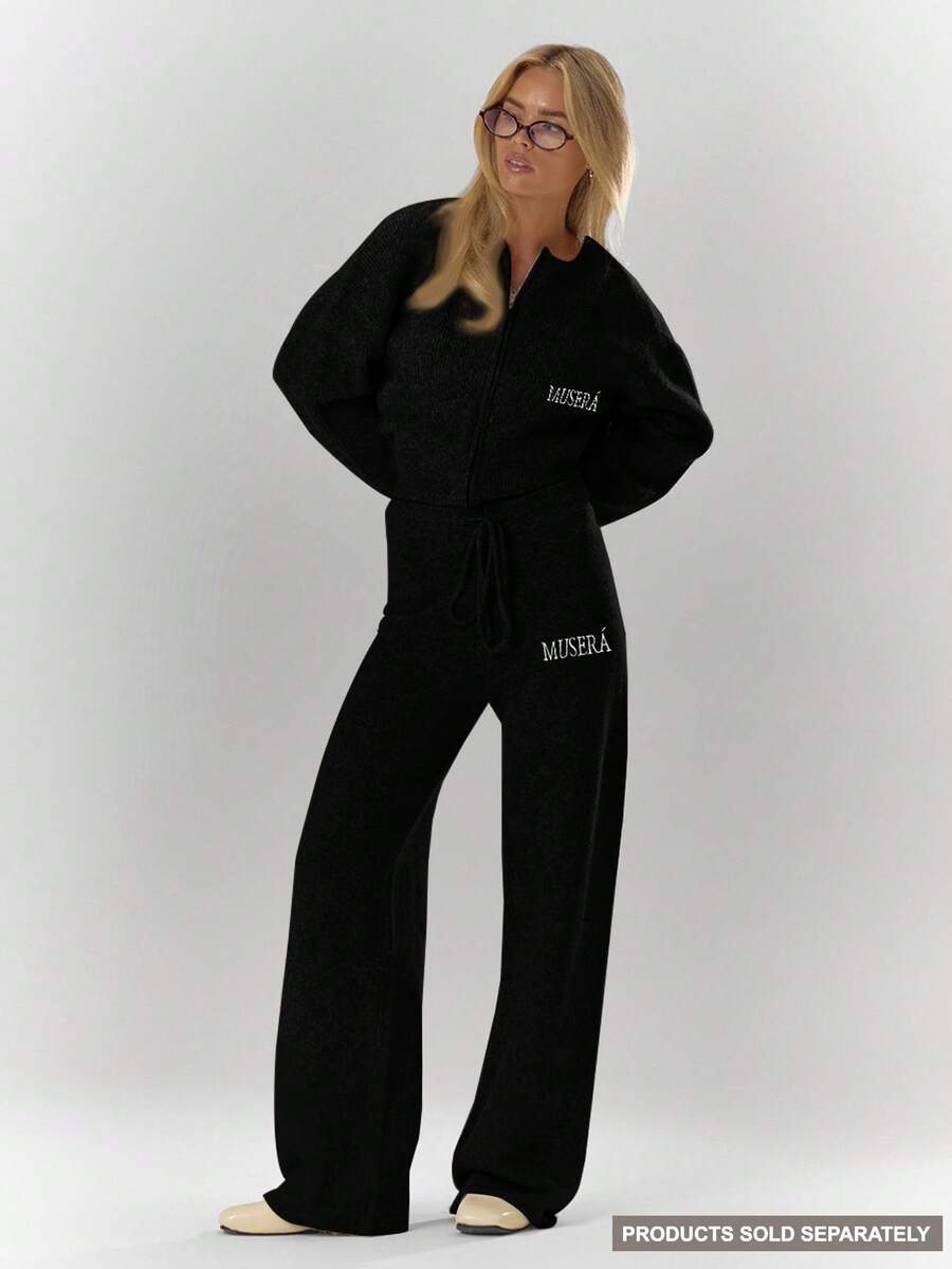 MUSERA Oversized Rib Knit Embroidered Detail Wide Leg Trousers Bottom Only Cosy Cute Casual Coffee Club Spring - Black - View 1