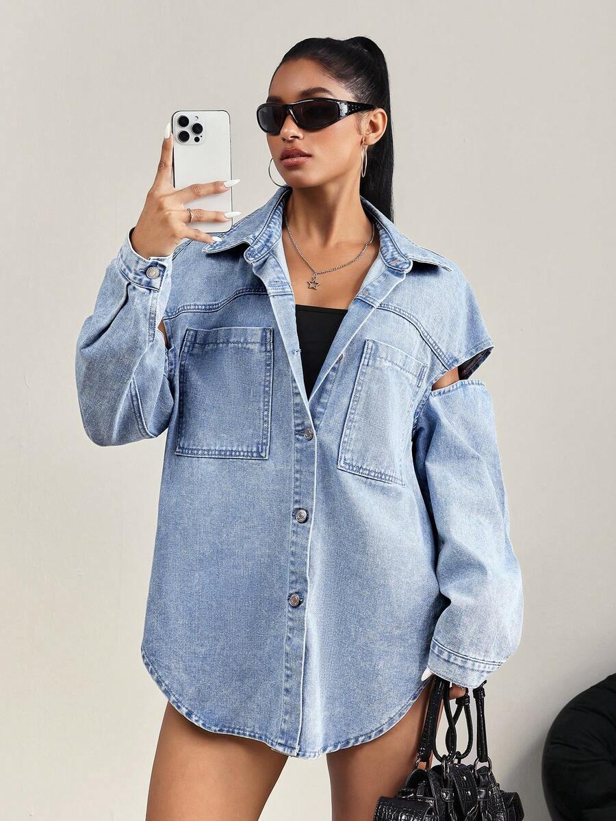 SHEIN Tall Tall Women's Casual Sexy Elegant Washed Denim Jacket And Coat - Light Wash - View 1