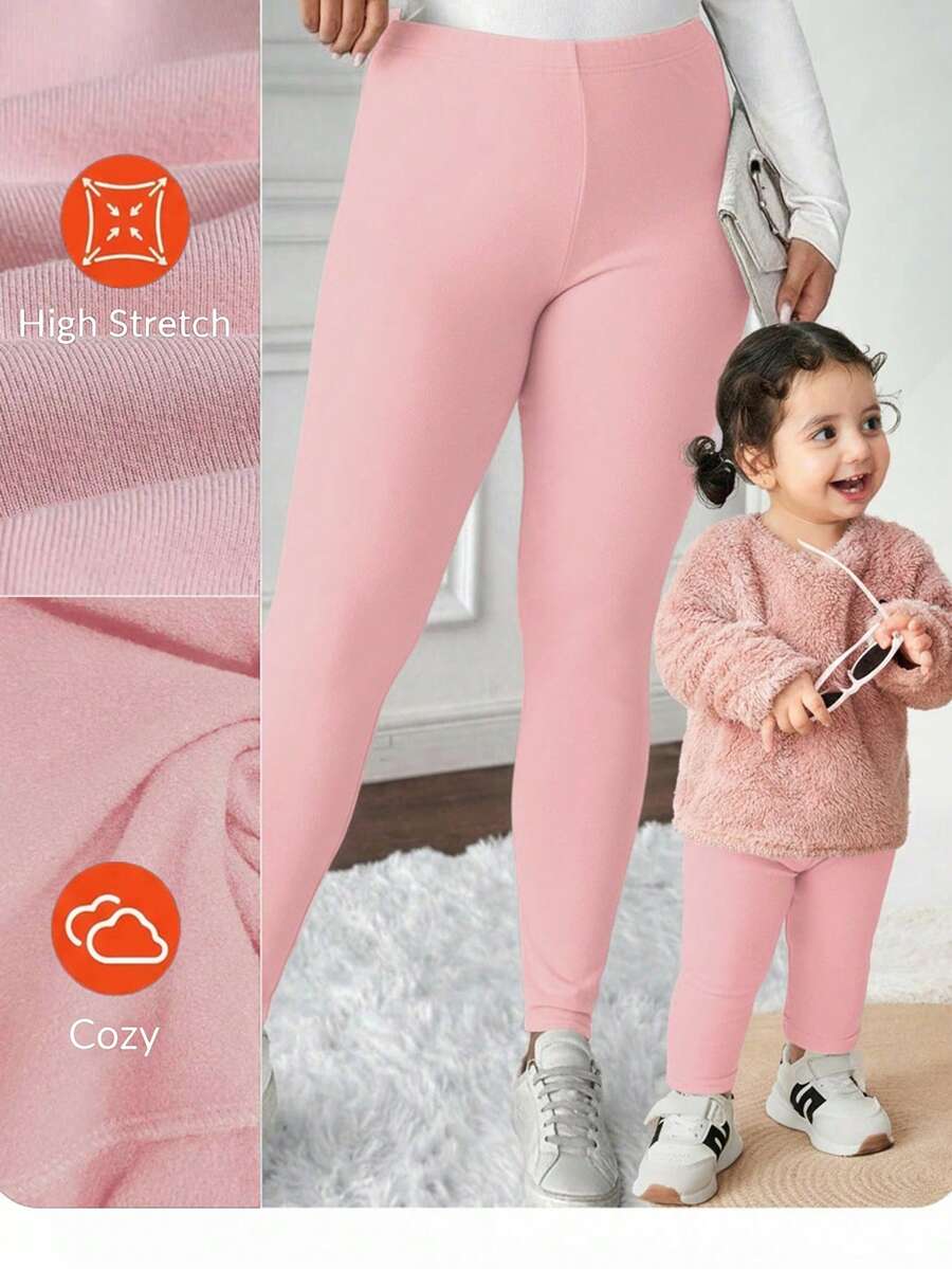 SHEIN Babygirl 弹力腰纯色针织休闲裤,秋冬 - 粉色 - 查看 1