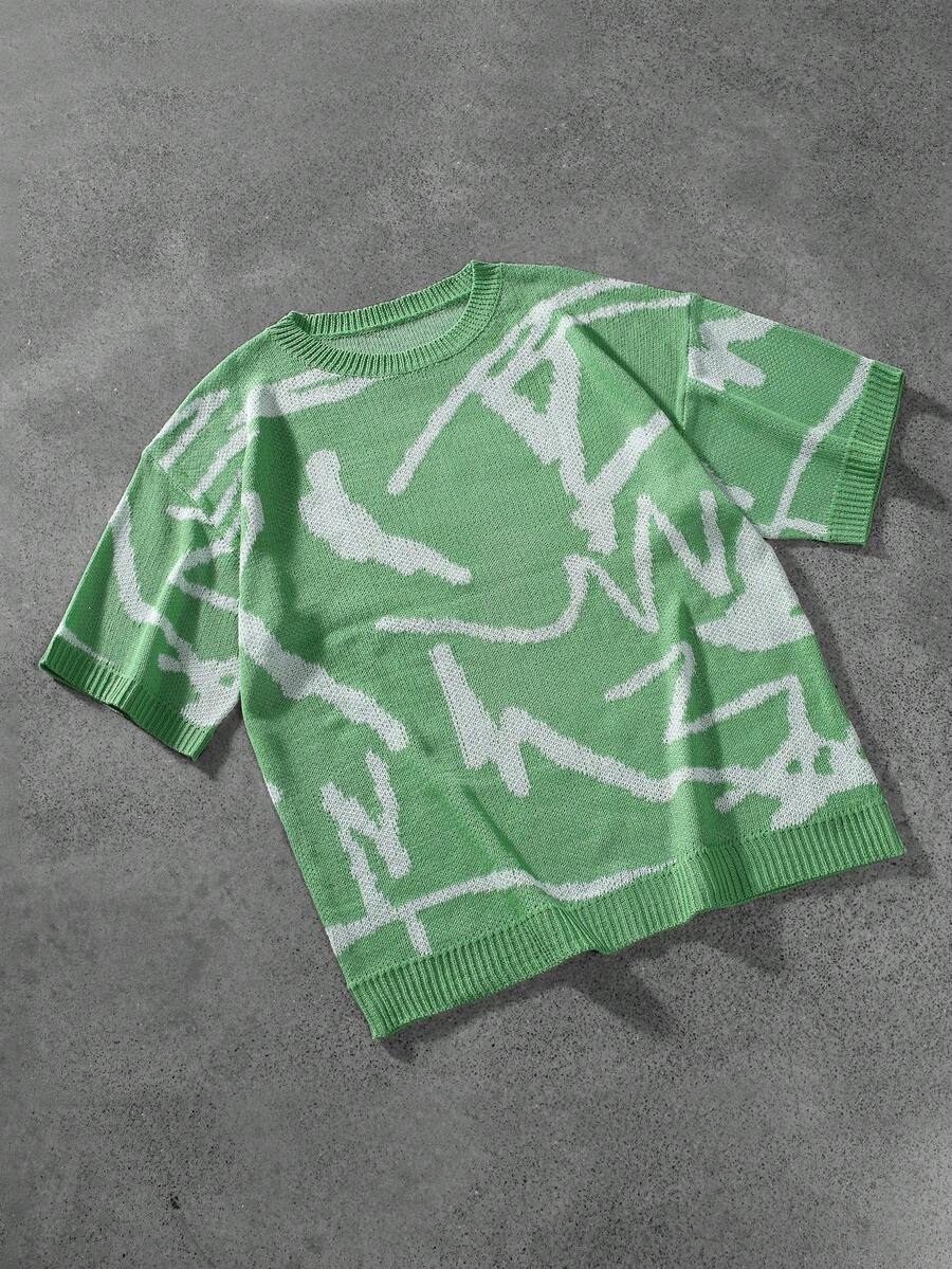 Manfinity Roghcode Men's Crew Neck Contrast Color Short Sleeve Casual Jacquard Knit Top - Green - View 1
