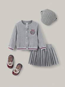Joliand Joliand 2pcs Baby Girl Cute Back-To-School Light Grey Autumn Set,Elegant Urban School Style Striped Ribbed Sweatshirt Jacket And Pleated Skirt Outfit,Fall - Grey - View 1