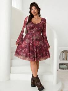 SHEIN EZwear Plus Size Women Elegant Floral Print Flare Sleeve Dress, Autumn - Multicolor - View 4