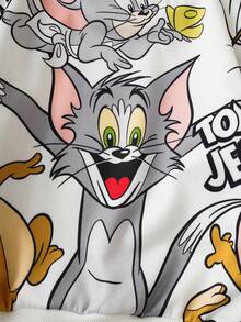 TOM & JERRY X SHEIN 2 件套小男孩卡通全身印花针织宽松圆领套头衫和裤子套装，秋冬