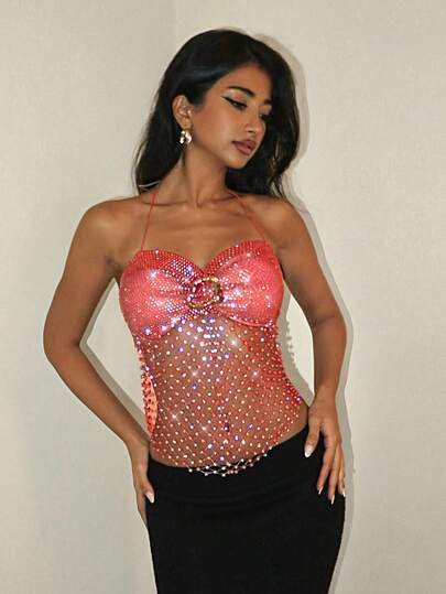 EgrlEra Women's Rhinestone Fishnet Sexy Top, Suitable For Holiday Parties And Carnivals