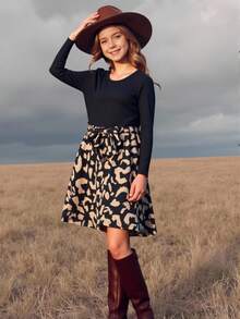 SHEIN Young Girls' Knitted Crew Neck Patchwork Leopard Print Casual Dress, Jacquard Leopard Print Long Sleeve Dress, Suitable For Autumn/Winter - Multicolor - View 13