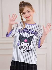 HELLO KITTY AND FRIENDS | SHEIN 青少年女孩可愛卡通與條紋圖案寬鬆落肩針織休閒T恤 可愛女孩上衣 青少年女孩動漫襯衫 卡哇伊襯衫 - 白色 - 查看 3