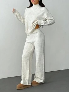 SHEIN PETITE 女士休闲舒适简约时尚宽松针织毛衣和高腰弹力休闲裤两件套，秋冬 - 杏色 - 查看 5