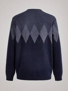 Officeau 男士加厚圆领毛衣，商务休闲提花针织长袖上衣，百搭叠穿单品，格子条纹图案，秋冬款，复古风格