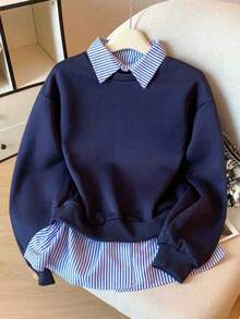 Seusyu Striped Patchwork 2 In 1 Long Sleeve Elegant & Fashionable Plus Size Women Sweatshirt - Multicolor - View 5