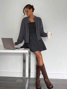 Siren Gaze Autumn/Winter New Vintage Maillard Color Woolen A-Line Skirt, Classic Houndstooth Pattern For Women Casual Spring - Dark Grey - View 3