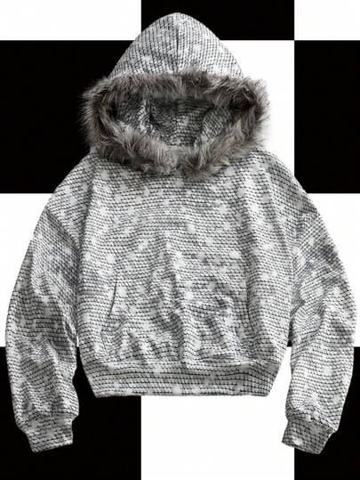Shutterstock Y2Kool Sudadera corta con capucha de mujer con estampado metálico de lentejuelas y falso pelo, informal para otoño/invierno, adecuada para la escuela, fiestas, Halloween. Sudadera con capucha gris y blanca, sudadera con borde de pelo gris, sudadera con estampado de escamas, sudadera de camuflaje de invierno, ropa Y2K, colección de ropa de estilo