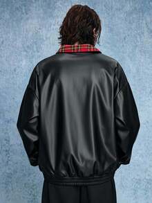 ROMWE MEN Street Life Men's Long Sleeve Casual Fashion Street Collegiate Style Letter Embroidery Plaid Patchwork Lapel Zip-Up PU Leather Jacket, Autumn - Black - View 2