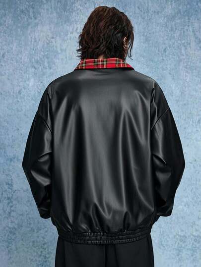 Street Life Veste en PU zippée à col cranté, style patchwork à carreaux avec broderie de lettres, style mode de rue décontracté universitaire, automne