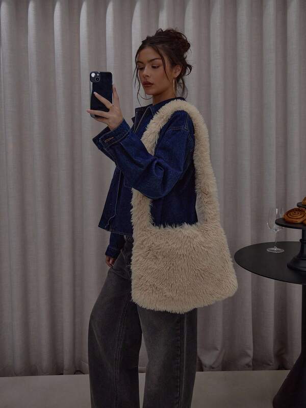 MUSERA Bolso de hombro con correa larga y plegable de piel sintética esponjosa