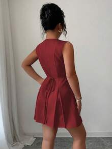 Elenzga Vestido mini elegante de talla grande con cuello redondo, sin mangas, doble botonadura, botones de cristal, cintura ceñida. Versátil para el trabajo y uso casual, color rosa - Burdeos - Ver 2