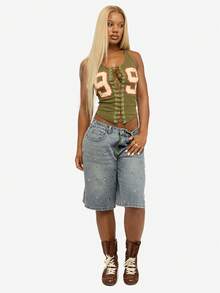 SUMWON WOMEN 棉质复古水洗铆钉宽松牛仔短裤，金属装饰，适合夏季节日休闲装 - 灰色 - 查看 4