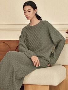 Dazy-Less Women's Loose Business Casual Textured Cable Knit Cardigan And Straight Leg Casual Pants Suit, Autumn/Winter - Green - View 6