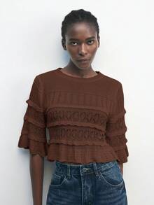 Maija 女士纯色短款荷叶边针织上衣，基础款毛衣，适合都市通勤、商务休闲、办公室穿着，优雅百搭，也适合圣诞派对、新年等场合，棕色沙滩风，女士时尚圣诞系列