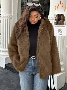 Easura Plus Size Women Fashion Faux Fur Zip-Up Hooded Jacket, Autumn/Winter - Brown - View 2