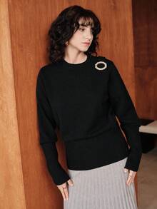 Uhlyne Uhlyne Suéter casual de cuello redondo de manga larga para mujer con decoración circular de perlas falsas, otoño/invierno - Negro - Ver 5