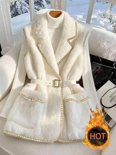 GlowEve CURVE Chaqueta de piel sintética sin mangas con ribete de color contrastante, elegante y de moda, para otoño/invierno, talla grande