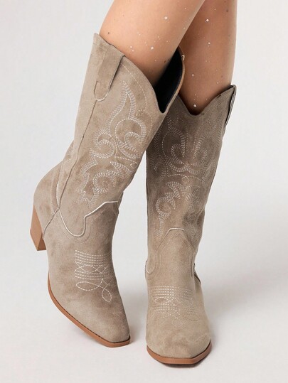 Fairycore Women's Cowgirl Boots, Slip-On Embroidery Detail Western Boots, Suede Outdoor Fashion Casual Mid-Calf Riding Boots