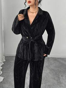 Graceveil 大码纯色天鹅绒长袖西装套装，优雅通勤