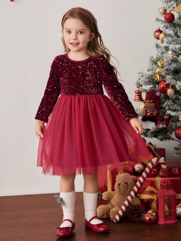 PrepCrw Young Girls' Elegant Beaded Mesh Round Neck Puff Sleeve Party Dress