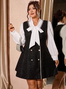 Cravure Plus Size Women's Spring/Autumn Elegant Knotted Collar Lantern Sleeve Loose Shirt And Contrast Ribbon Double-Breasted Cardigan Vest Dress 2 Pieces Set - Black and White - View 4