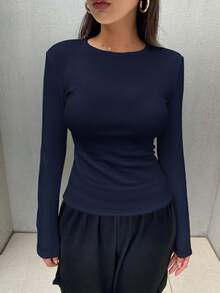 DAZY 女款秋冬休閒極簡基本款純色保暖內裡修身T恤，居家日常居家辦公校園穿搭，海軍藍 - 藏蓝色 - 查看 4