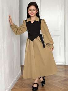 青少年女孩休闲拼布撞色领长袖系带腰中长连衣裙 - 彩色 - 查看 6