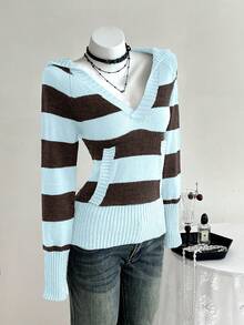 Elamini Sudadera con capucha de mujer de manga raglán versátil con bloques de color y rayas para otoño - Multicolor - Ver 1