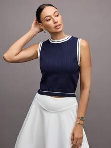 Activina Women's Sleeveless Contrast Trim Sporty Sweater - Blue and White - View 4