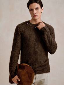 Manfinity Homme Men's Colorful Rhinestone Decor Crew Neck Long Sleeve Casual Sweater, Autumn/Winter Knit Men Earthy Clothes Men Brown Sweater Men Cashmere Men Men Fall Collection - Brown - View 5