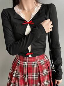 FRIFUL 女士撞色长袖二合一蕾丝蝴蝶结装饰修身休闲百搭T恤，秋冬款 - 黑色 - 查看 5