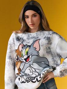 TOM & JERRY X SHEIN Lässiger Damen-Pullover im Street-Chic-Stil mit Cartoon- und Batikmuster, Drop Shoulder und lockerer Passform, ideal für den Alltag und Frühling/Herbst - Grau - Übersicht 7
