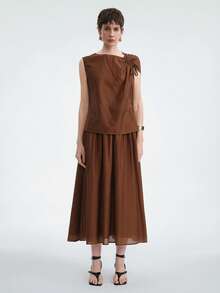 Aalyst Women's Elegant French Style Simple High-End Workwear Casual & Holiday Solid Color Semi-Sheer Viscose-Like Fabric Asymmetrical Tie Bow Sleeveless Shirt + High-Waisted Pleated Pocket Maxi Skirt Suit, Spring/Summer - Coffee Brown - View 3