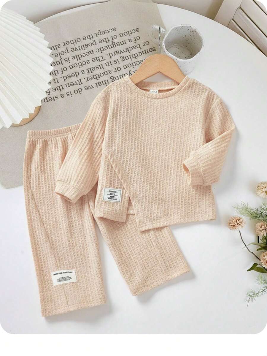SHEIN 2 件 Babygirl 休闲针织卡其色长袖上衣和松紧腰裤套装，秋冬 - 杏色 - 查看 1