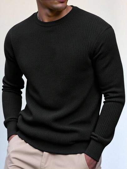 SHEIN 青少年男孩休闲纯色圆领针织毛衣，简约百搭百搭上衣，适合通勤、学校、日常休闲、度假、户外、大学派对、秋冬