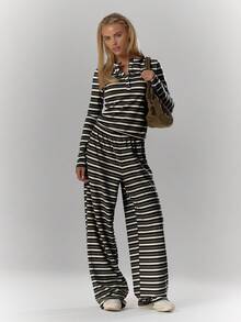 MUSERA Button Front Striped Fitted Long Sleeve Top Only Fall Autumn Cosy Cute Casual Coffee Club Holidays Party Cosy Spring Summer - Dark Grey - View 3