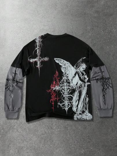 Street Life Camiseta de manga larga con estampado de cruz vintage gótica para hombres 2 en 1