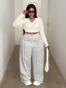 Maweii Plus-Size Women's Casual Sweatshirt Fabric Trousers, With Drawstring Design, Suitable For Everyday Wear, A Versatile Item.Summer,Sexy,Vacation,Leopard,Cheetal Christmas, And New Year's. - Grey - View 2