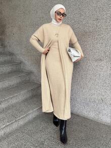 DAZY Completo da donna composto da giacca a maniche lunghe tinta unita e abito a maglia a coste a maniche lunghe, elegante maglione in 2 pezzi, moda modesta - Albicocca - Visualizzare 2