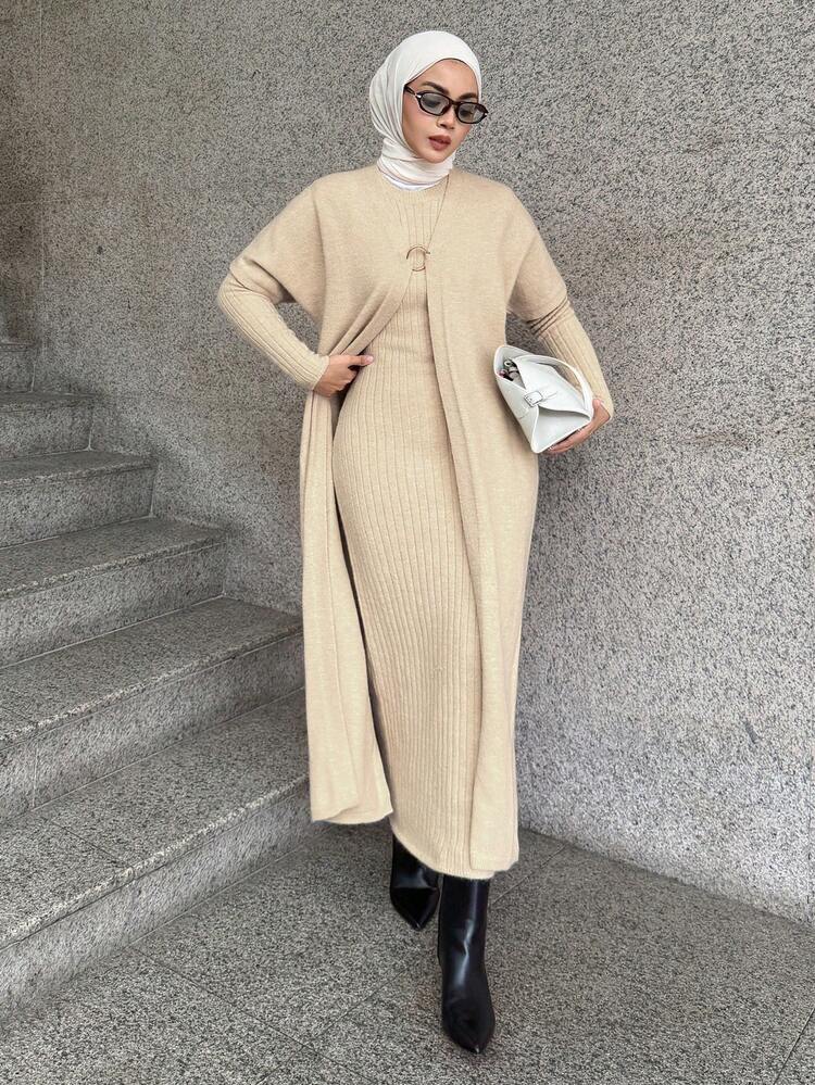 Women's Solid Color Long Sleeve Jacket And Ribbed Long Sleeve Knit Dress Elegant Sweater 2 Pieces Set Modest Fashion