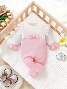 SHEIN Baby And Girl Fashionable Cute Versatile Lace Contrast Sweater Crawling Clothes Knitted Knitted Jumpsuits Fall Winter - Baby Pink - View 8