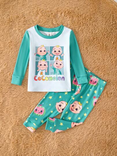 CoComelon X SHEIN 2pcs Baby Boy Cute Cartoon Graphic Crew Neck Long Sleeve Top And Pants Casual Knit Stretchy Snug Fit Pajama Set