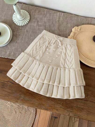 Niñas jóvenes, casual, de moda, sencillo, elegante y lindo. Suéter de punto con volantes de doble capa con estampado de albaricoque, falda corta, suave y cómodo, adecuado para escenas diarias, adecuado para escenas de viaje, adecuado para escenas de vacaciones, adecuado para escenas del hogar, adecuado para escenas de guardería, adecuado para otoño e invierno, Navidad, apertura de escuela, fiesta, ropa versátil de otoño e invierno, ropa de niña para festivales